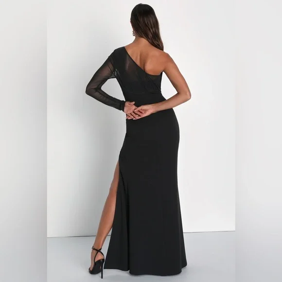 Lulus Stunning Essence One Shoulder Mermaid Maxi Dress Large Black Slit Mesh NWT - Picture 2 of 12